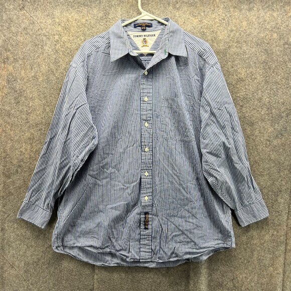 Tommy Hilfiger Shirt Men 16.5 32/33 Blue Casual Button Down Striped Vtg 90s - Picture 1 of 12